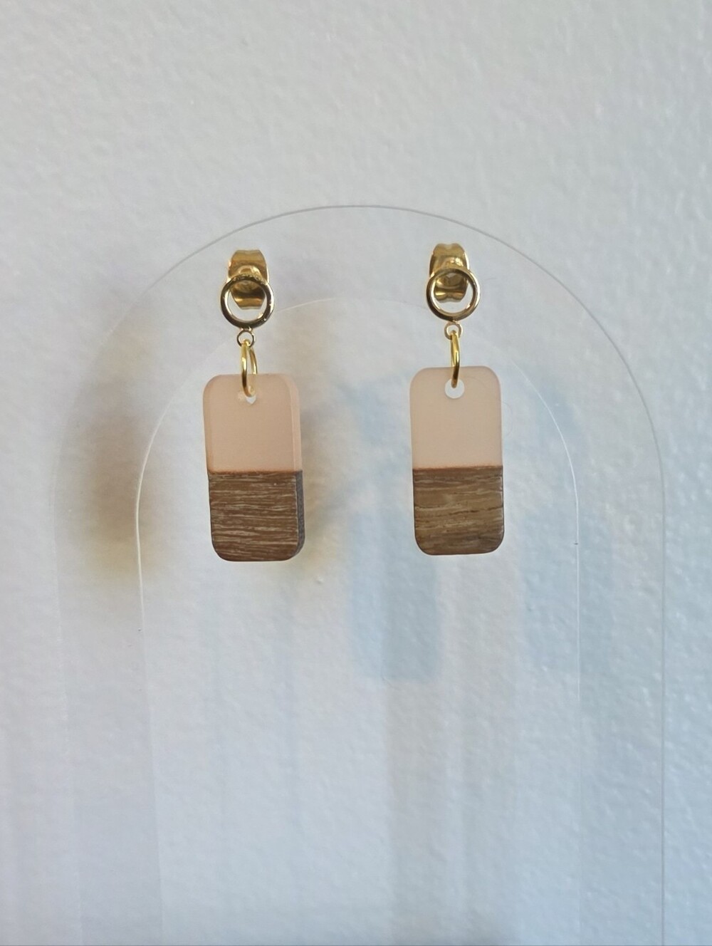 Peachy Pink and Wood Dangle Earrings